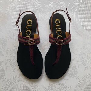 Gucci Canvas Burgundy/Green Malaga Kid Web Thong Sandals Women’s Size 40+ US 10
